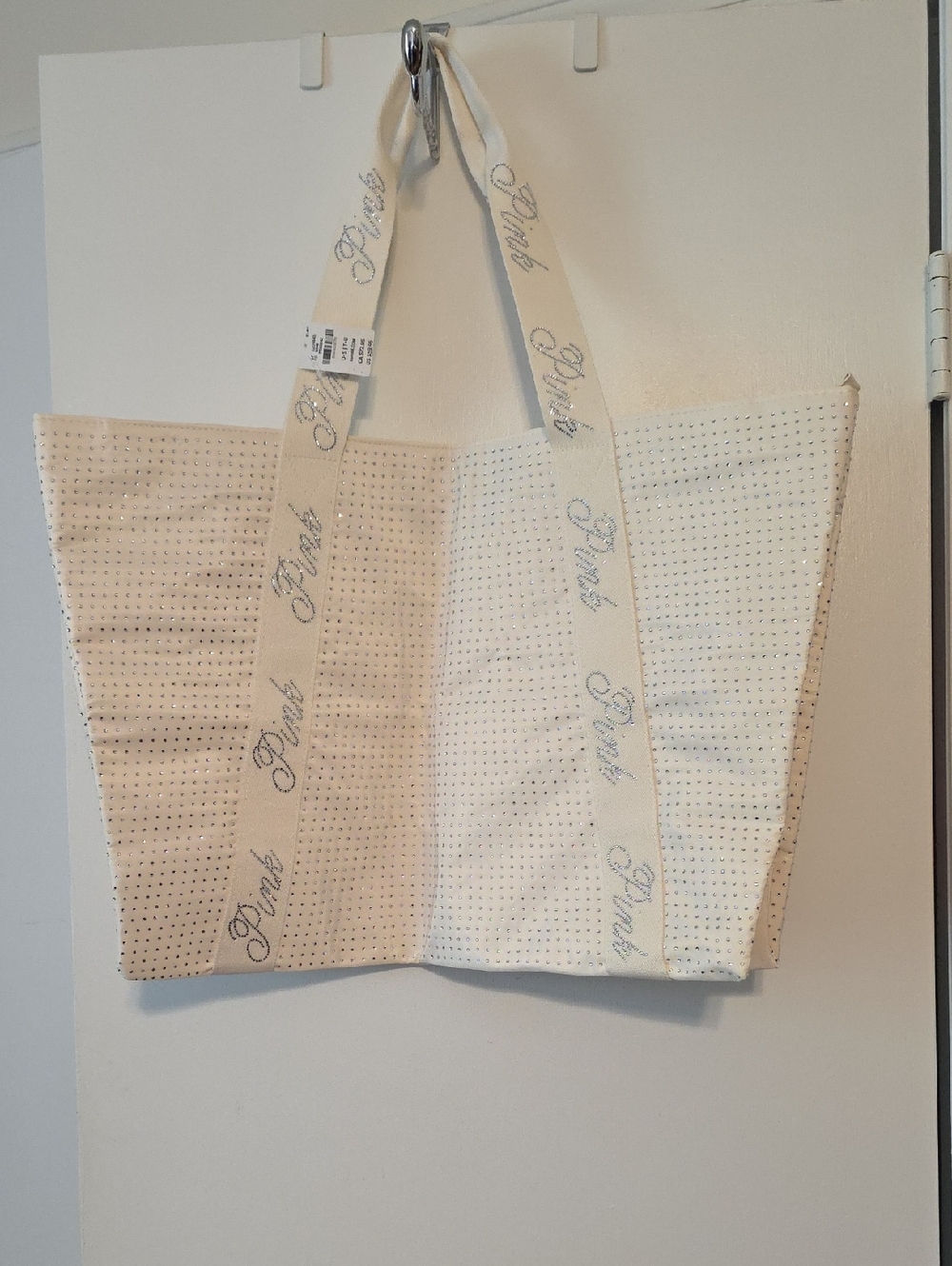 PINK Victoria's Secret Cream Rhinestone Tote with Embroidered Straps